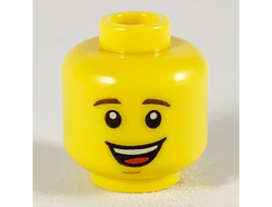 Minifigure, Head Male Dark Brown Eyebrows, Open Mouth Smile with White Teeth and Red Tongue Pattern - Hollow Stud, Yellow (3626cpb2097 / 6218234)