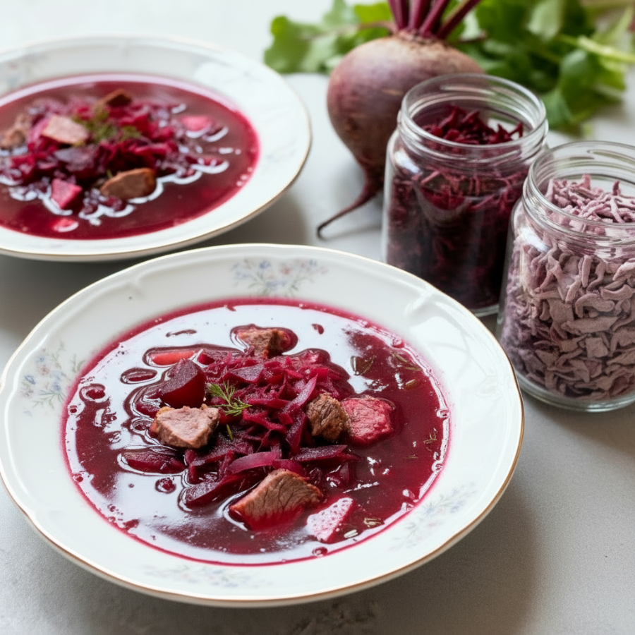 Две тарелки борща из сушеной свеклы рядом с банками сушеных продуктов