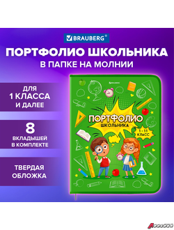 Папка-портфолио школьника, А4, на молнии, 8 вкладышей, обложка твёрдая, ОТЛИЧНИКИ, BRAUBERG. 115244