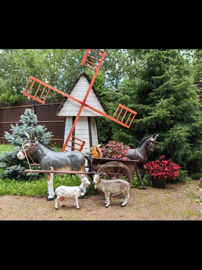 Садовая фигура ОСЛИК С ТЕЛЕЖКОЙ 98*2500см полистоун/дерево Россия ( Ослик без телеги 98*100см 11,7кг - 13940р; телега без ослика 150*60*62см - 12890р)  1,1м3  19348/016708  Экономия при покупке комплекта 2850р