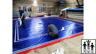 Нанесение разметки и логотипа на помост на ПВХ тент для помоста ушу саньда