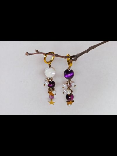&quot;Звёздные маячки&quot;, асимметричные серьги с жемчугом, тигровым глазом и флюоритом