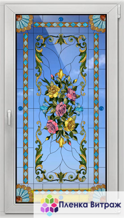 Витражная пленка с розами для окна и дверей.витражная пленкасамоклеющаяся,пленочный витраж с цветами