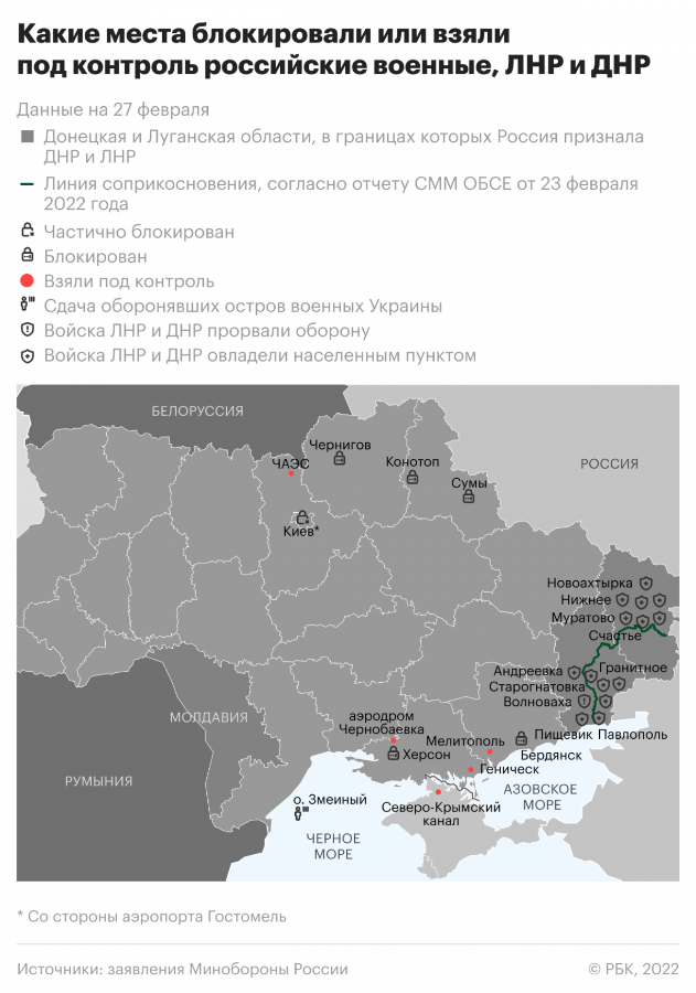 Какие места на Украине взяли под контроль российские военные. Источник: РБК по данным МО РФ