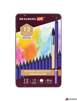 Карандаши художественные цветные акварельные BRAUBERG ART PREMIERE, 12 цветов, грифель 4 мм, металл. 181533