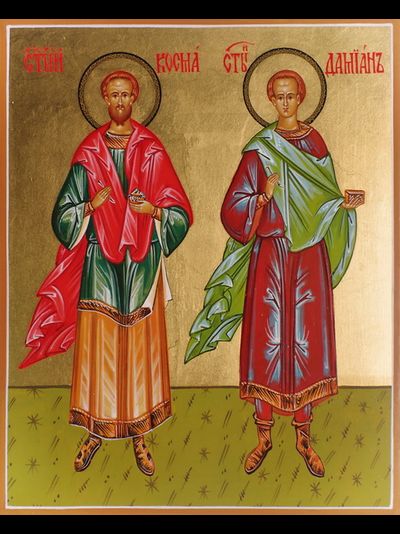 Косьма и Дамиан, Святые мученики, бессеребренники. Рукописная икона.