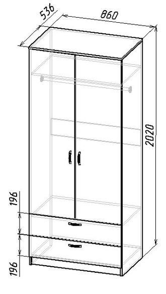 Шкаф двустворчатый с выдв/ящиками ширина 860мм штанга