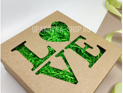 Коробка с отдельной крышкой 250*250*100 мм с вырубкой "LOVE" БУРАЯ