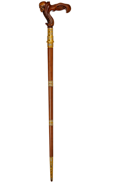 Дубовая резная трость с классической рукоятью с черепом и инкрустацией по шафту