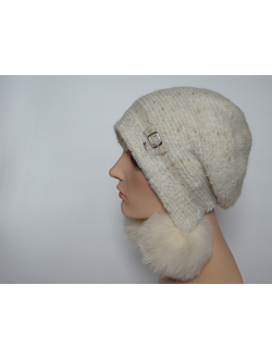 Вязаная петлями женская шапка ушанка с помпонами и пайетками Vizio 6970