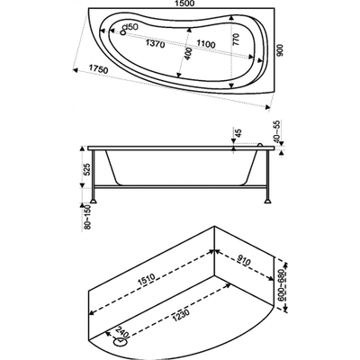 Акриловая Ванна BAS АЛЕГРА 150х90 правая, с каркасом