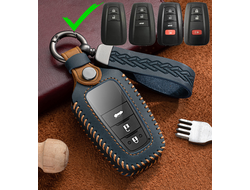 Чехол для смарт ключа тойота из комбинации синей и коричневой кожи. Ручной шов коричневой ниткой