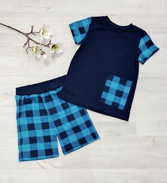 Арт: КУЛ/ФШ35-3 Комплект футболка+шорты(кулир).Цвет:синий/бирюзовый.  Размер с 86-152
