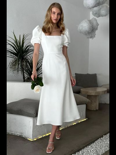 Платье-миди с квадратным вырезом и юбкой годе (белый)