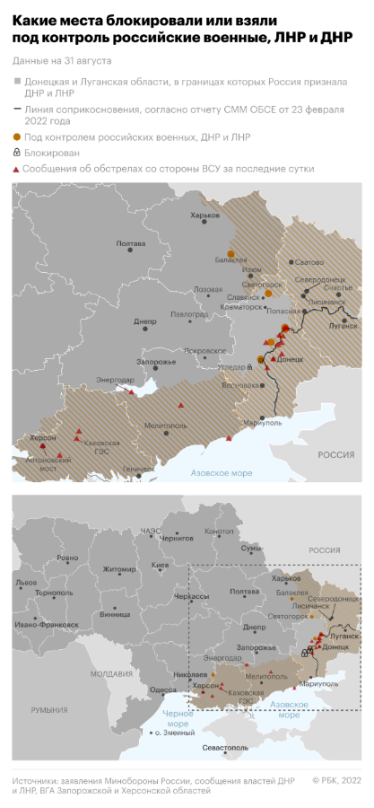 Ход Специальной операции ВС России, 31 августа 2022 года. Источник: МО РФ. РБК