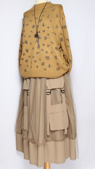 ДЖЕМПЕР ХЛОПОК "СТОЙКА МЕЛКИЕ ЛИСТИКИ" горчичный, мокко до р.54