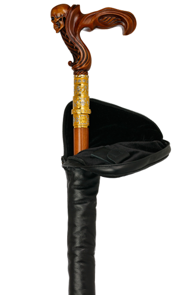 Дубовая резная трость с классической рукоятью с черепом и инкрустацией по шафту