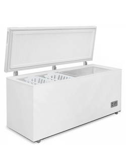 Морозильный ларь с глухой крышкой, на четырех колесиках, терморегулятор на лицевой панели.