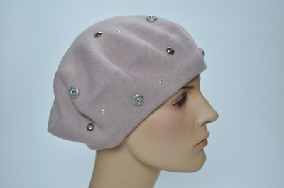 Итальянский розовый фетровый берет со стразами