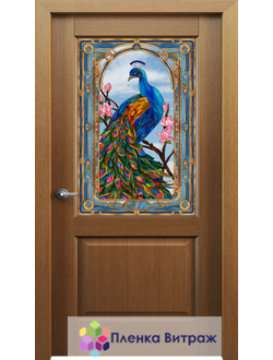 Витражная пленка,витражная пленка самоклеющаяся под заказ,пленочный витраж флора с птицами павлинами