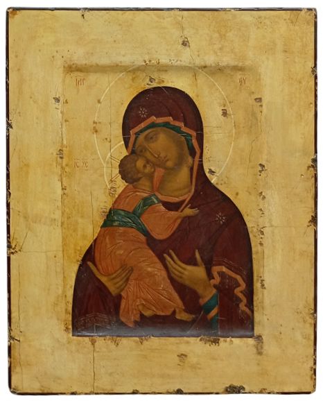 Рукописная икона Пресвятой Божией Матери "Владимирская, стилизованная "под старину"