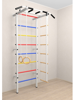 Шведская стенка с турником и детскими навесными в квартиру с креплением к стене . Белого цвета с цве