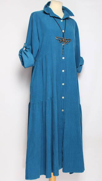 Платье-рубашка Бохо "Вельвет карманы ярусы" изумруд, бирюза до р.52