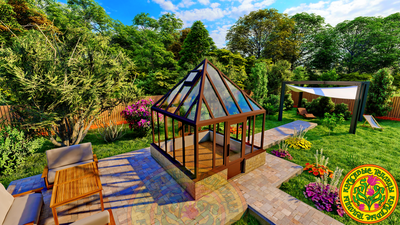 Садовая беседка из алюминия и стекла, коричневый каркас, установлена в саду, окружена зеленью.