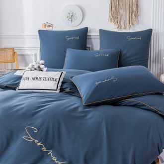Однотонный сатин постельное белье с вышивкой цвет Серо синий (2 спальное) CH052