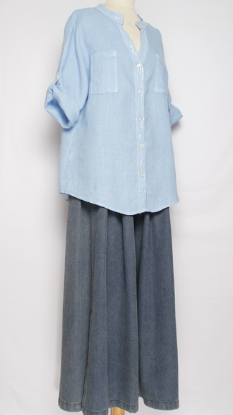 РУБАШКА ЛЁН "КРУЖЕВО НА СПИНЕ" голубая, синяя р.46-52