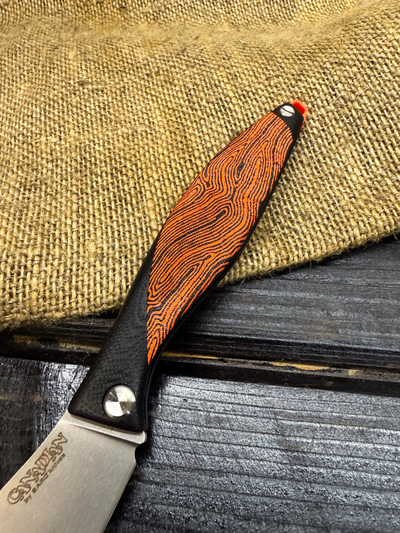 Фрикционный складной нож Канадец Большой сталь ELMAX, рукоять G10/микарта черно-оранжевая
