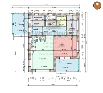 Коттедж из газобетона в два этажа и двумя террасами. Проект №109