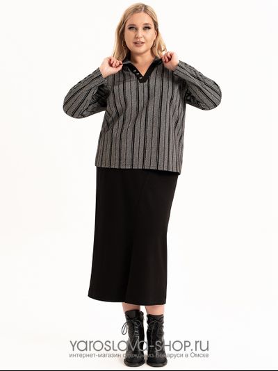 Модель: 4106.Женский трикотажный костюм с джемпером в полоску и юбкой черного цвета