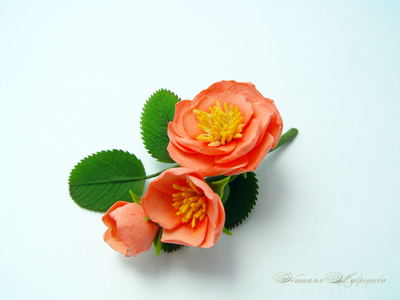 Веточка розового шиповника. Цветы из полимерной глины.