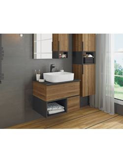 Тумба-умывальник "Штутгарт-75" дуб темно-коричневый с черной столешницей с раковиной Comforty T-Y9378