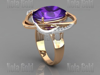 Женское кольцо из золота двух цветов с бриллиантами и крупным аметистом (Вес: 9,5 гр.)