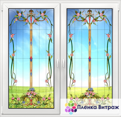 Витражная пленка, витражная пленка самоклеющаяся под заказ,пленочный витраж с цветочным рисунком