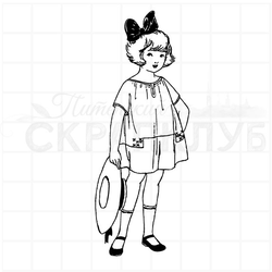 Штамп девочка-модель в платьце и шляпе в руках