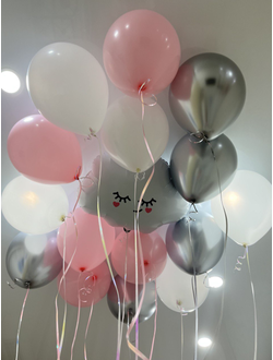 Шары белый, розовый, серебро 15 штук и облачко под потолок