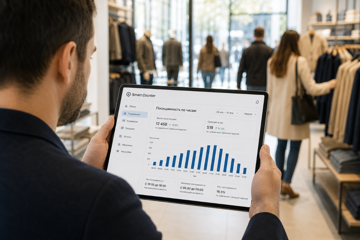 Менеджер смотрит аналитику посещаемости магазина на планшете Smart Counter