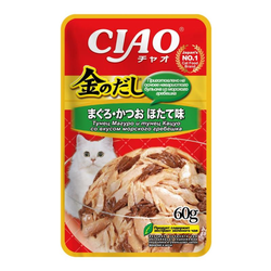 INABA CIAO Kinnodashi (Инаба) Влажный корм для кошек Тунец Магуро и тунец Кацуо со вкусом морского гребешка, пауч, 60 г