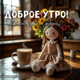 Картинка с чаем и куклой- пожелание доброго утра
