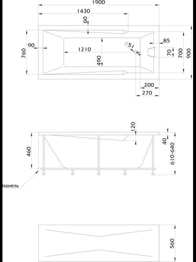Ванна акриловая прямоугольная 1Marka RAGUZA 190x90 каркас + панель