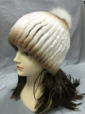 Женская  шапка снопик Лилия  натуральный мех кролик с помпоном, зимняя, белая Арт. цх-0013