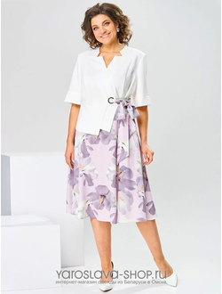 Модель : 1-2798.Платье-имитация костюма с белым жакетом и юбкой лавандового цвета