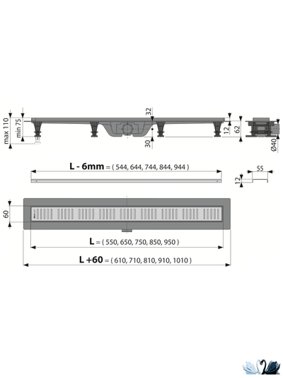 Лоток для душа Alcadrain APZ10-950 Simple желоб в комплекте с решеткой