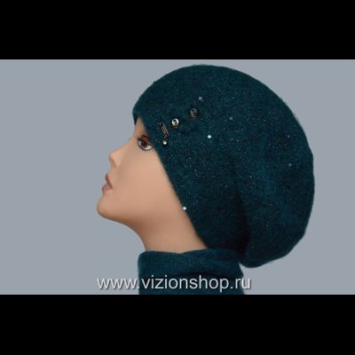 Вязаный женский берет с пайетками изумрудного цвета фото беретов Италии Vizio