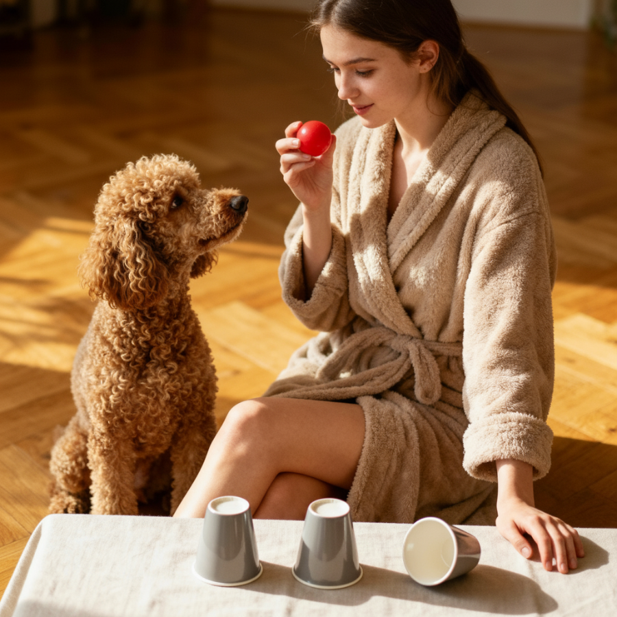 Девушка играет с пуделем в игру "угадай, где мячик"