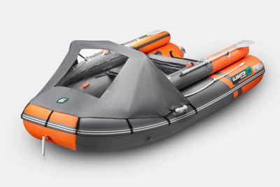 Моторная лодка GLADIATOR E380PRO X оранжево-темносерый слева с носа