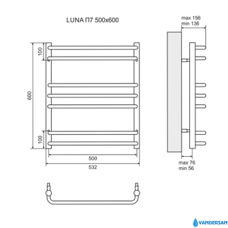 Полотенцесушитель электрический Lemark Luna LM41607E П7 500x600, левый/правый